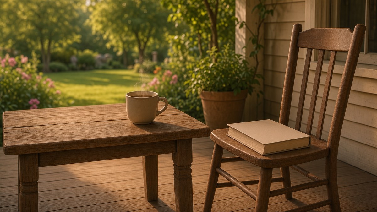 A single wooden chair on a shaded porch in afternoon light with a book lying on the seat and a cup of tea on a small table beside it, the yard green behind