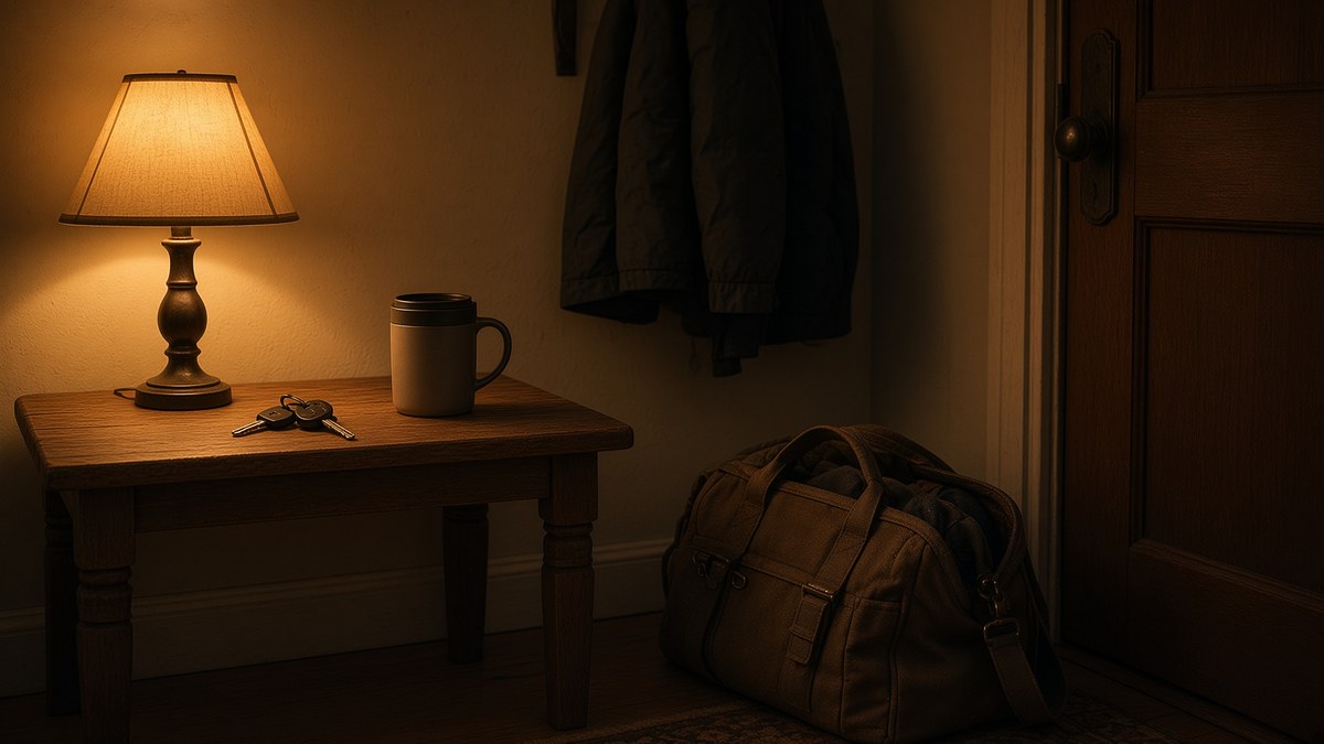 A front hall before dawn lit by a single lamp, with a packed canvas bag on the floor by the door, a coat on a hook, and keys and a travel mug on the hall table