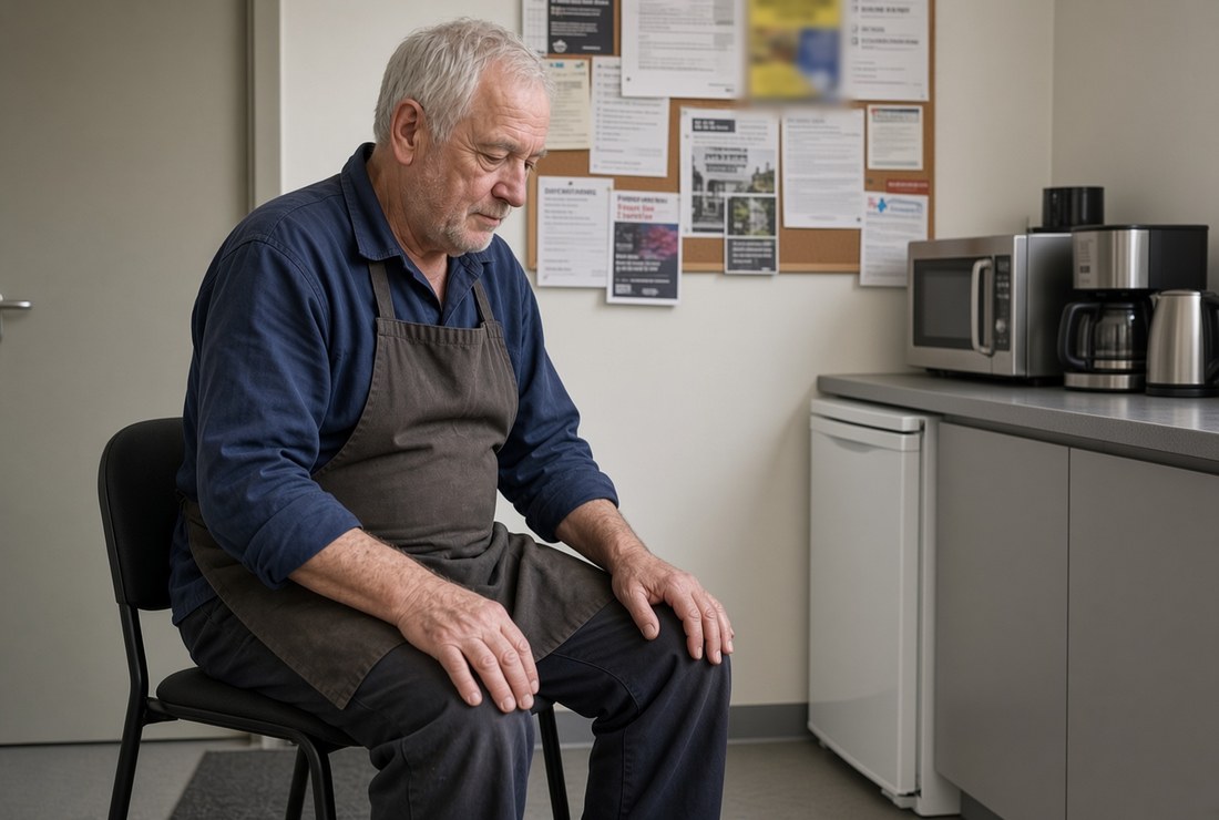 An older man in a work apron sitting on a chair in a plain staff break room at the end of a shift, hands on his knees, looking down