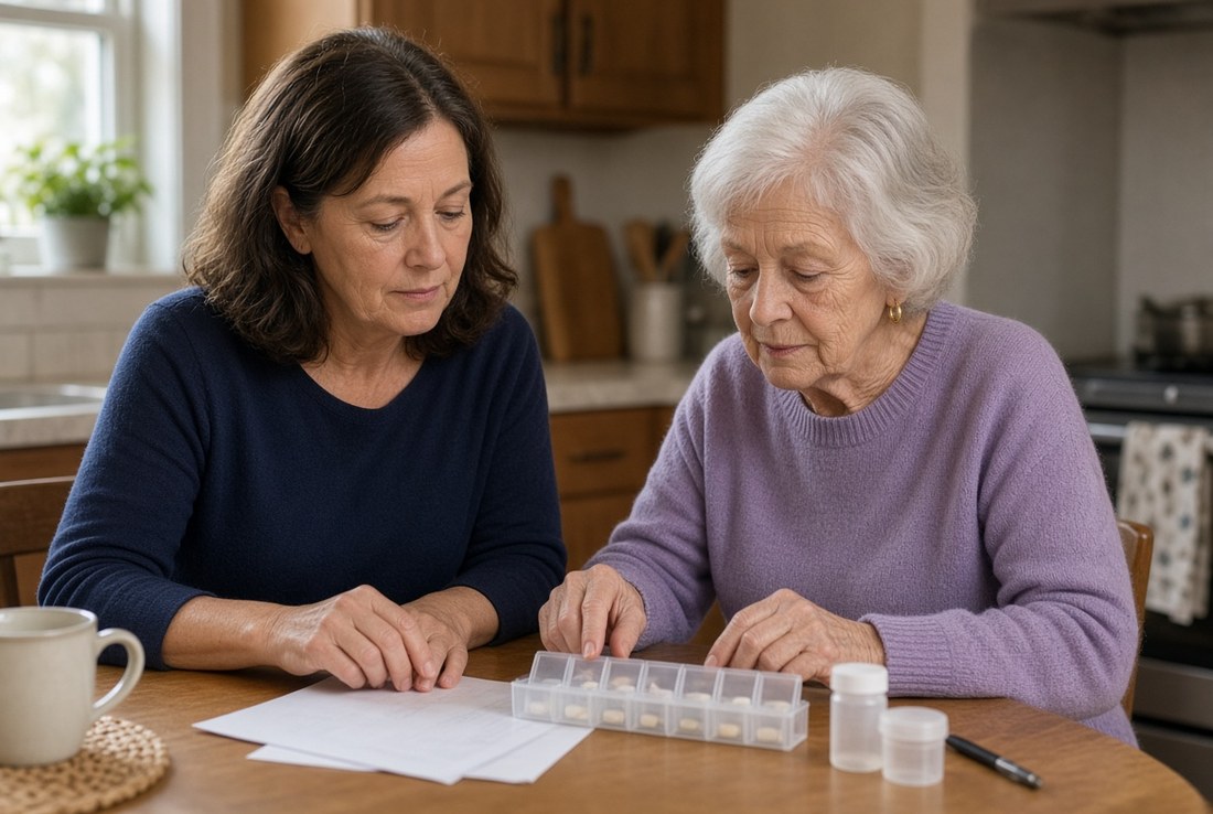 A woman in her fifties and her elderly mother at a kitchen table, sorting a weekly pill organizer and paperwork together