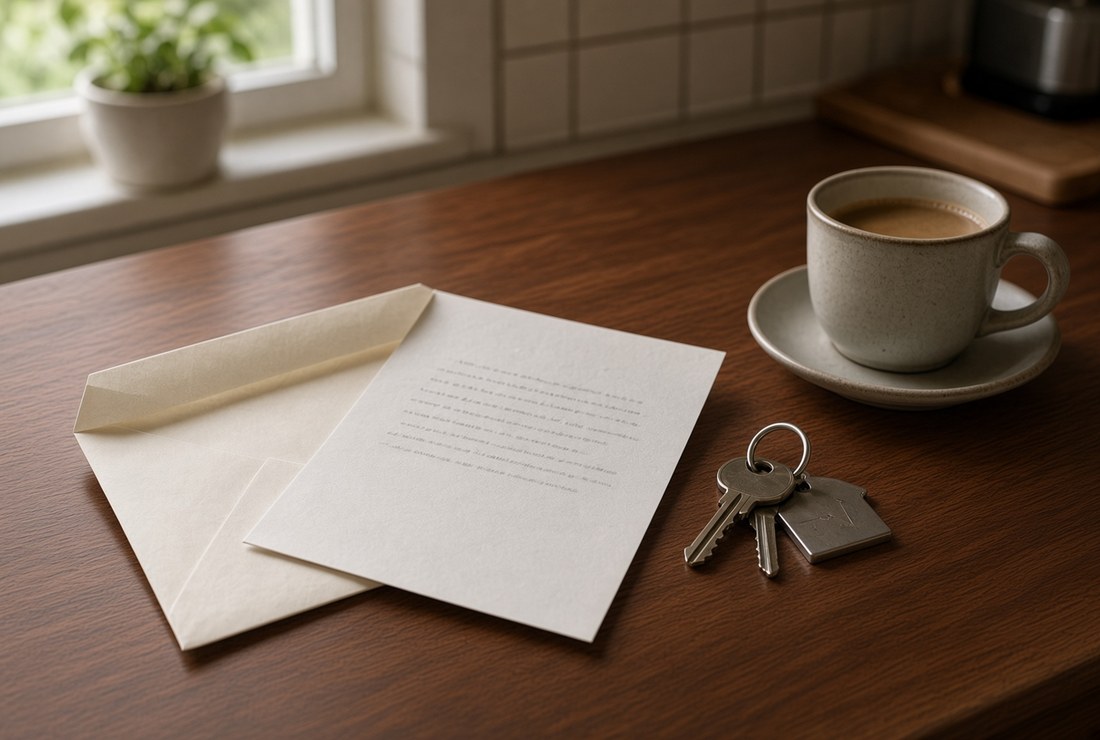 An opened envelope and its letter lying on a kitchen table beside a set of house keys and a cup of coffee, morning light through the window