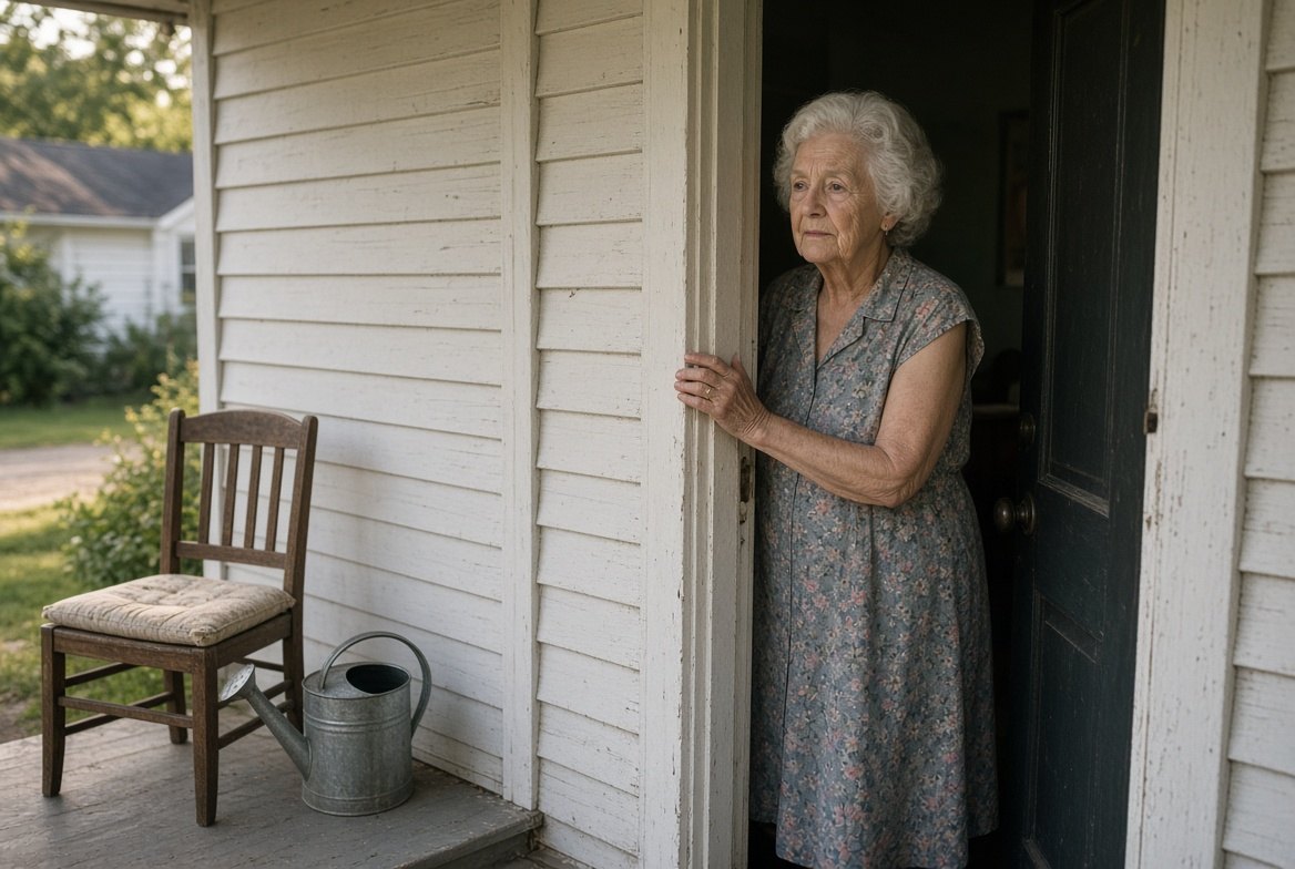 An older woman standing in the open front doorway of her own modest clapboard house, one hand on the door frame, a chair and a watering can on the porch