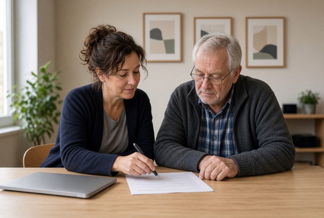 A volunteer sitting beside an older man at a plain table, helping him work through a paper form with a laptop closed to one side