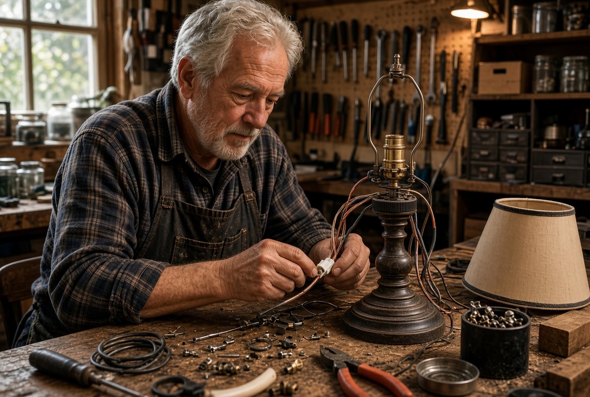 An older man at a workbench rewiring a table lamp, the shade set aside and the old cord coiled next to a new one, hand tools on the pegboard behind him
