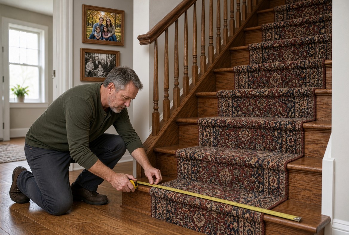 A man in his fifties kneeling at the foot of a carpeted staircase, holding a tape measure across the width of the bottom step