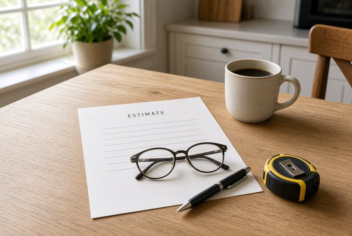 A one-page estimate with blank lines on a kitchen table beside a pair of reading glasses, a pen, a tape measure and a mug of coffee