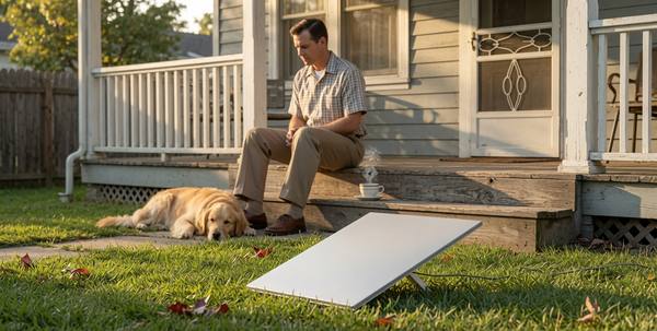 Square satellite dish staked in a front yard with a man sitting on his porch steps drinking coffee beside his golden retriever — the quiet, everyday setup that kept one Cape Coral household connected for twelve days
