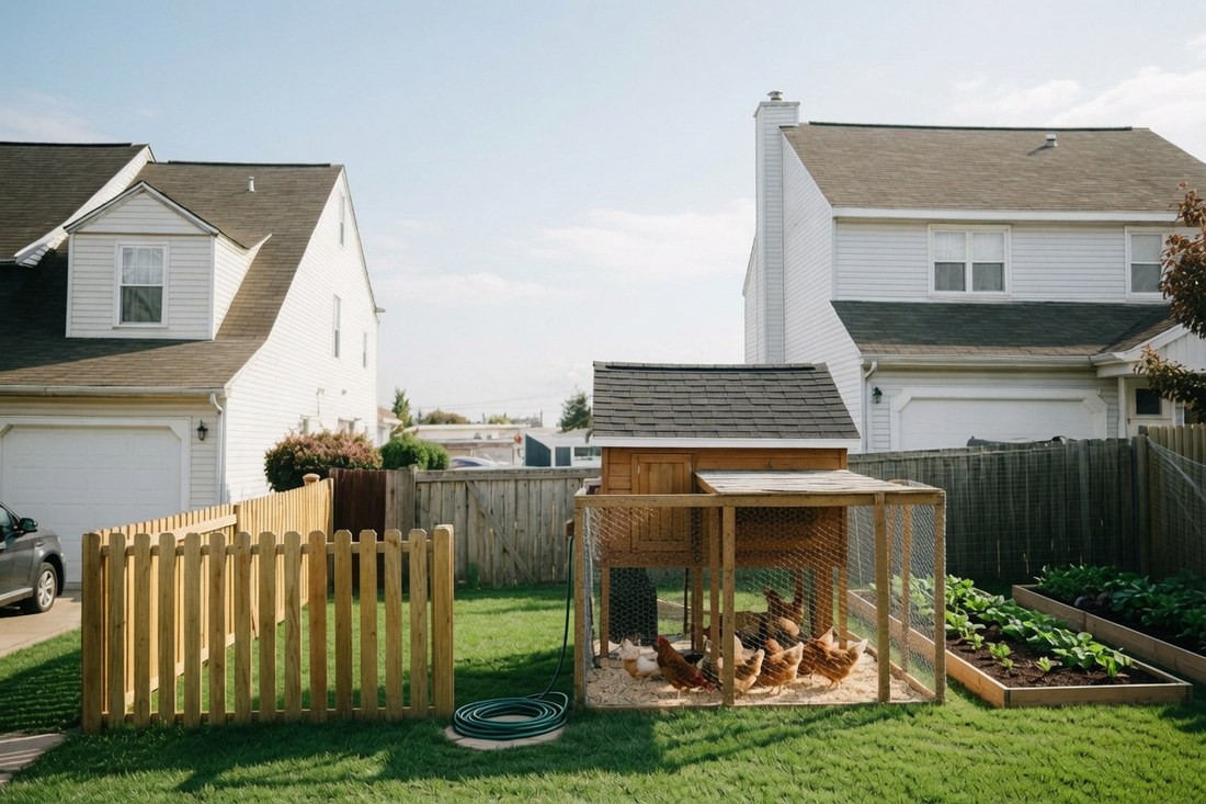 A small backyard chicken coop and run with several hens, in a suburban yard with neighboring houses close on both sides and a raised vegetable bed alongside