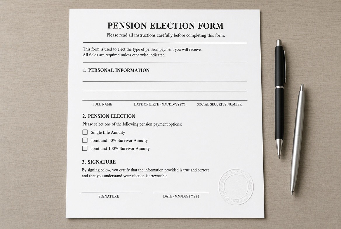 A pension election form lying flat on a desk beside two pens, with three checkboxes reading Single Life Annuity, Joint and 50% Survivor Annuity and Joint and 100% Survivor Annuity, a signature and date line beneath, and a blank embossed notary seal at the lower right