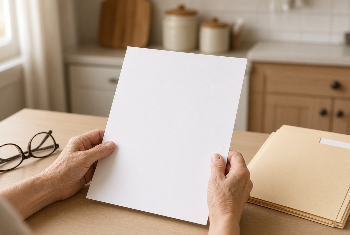An older woman's hands holding a single sheet of paper at a kitchen table, reading it, with her reading glasses set down beside her and an open manila folder with a blank tab label at her elbow