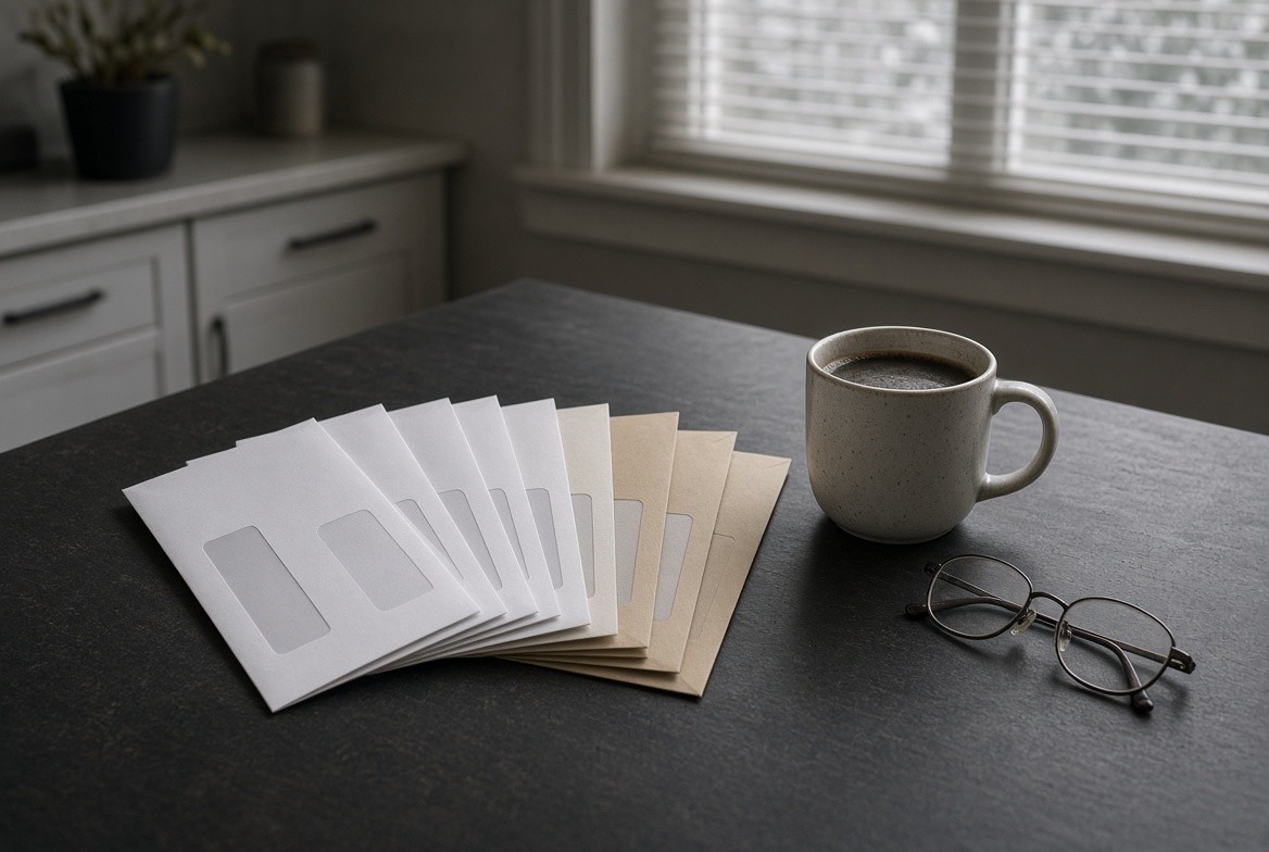 A fan of about ten unopened window envelopes lying on a dark kitchen table beside a cold mug of coffee and a folded pair of reading glasses, gray daylight through a blinded window behind