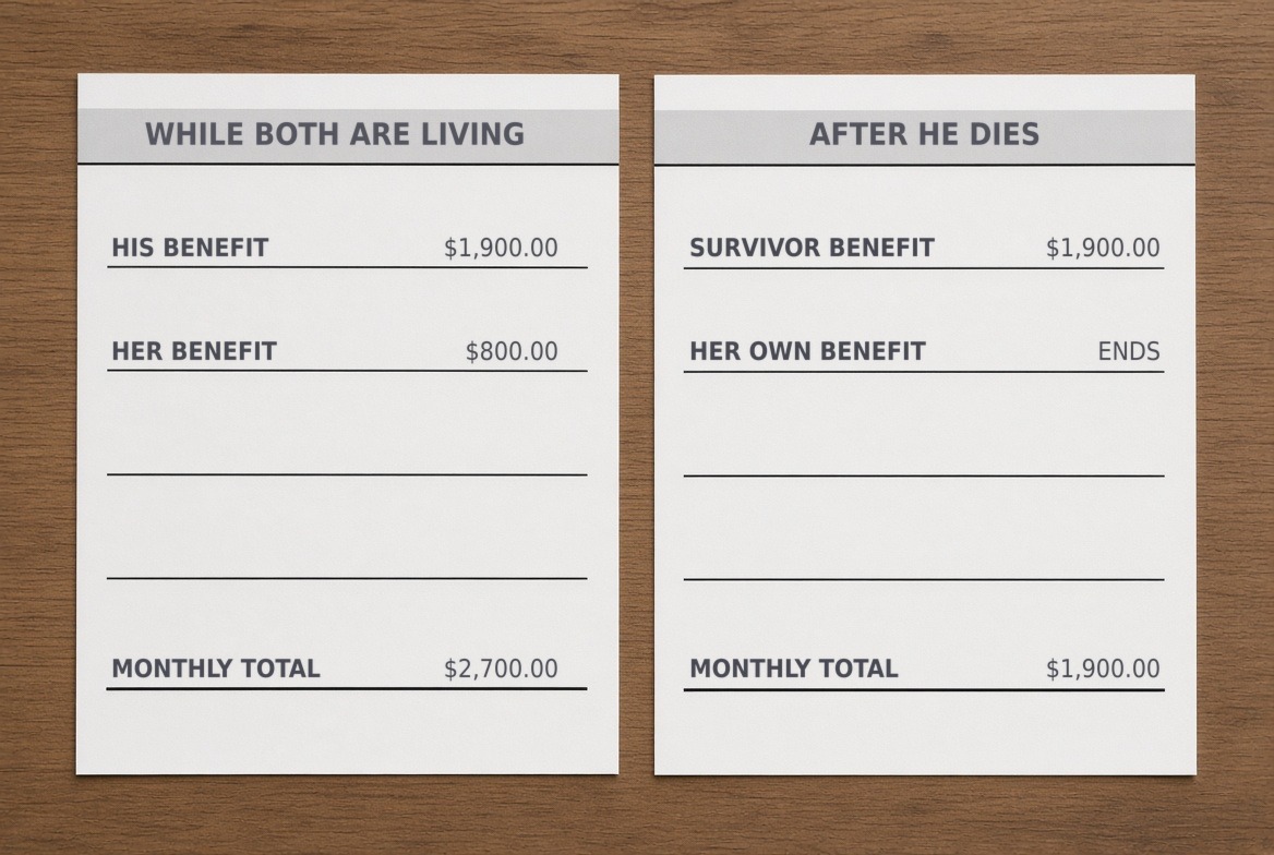 Two blank benefit statements side by side on a wooden desk, the left headed WHILE BOTH ARE LIVING showing his benefit of $1,900.00, her benefit of $800.00 and a monthly total of $2,700.00, the right headed AFTER HE DIES showing a survivor benefit of $1,900.00, her own benefit ended, and a monthly total of $1,900.00