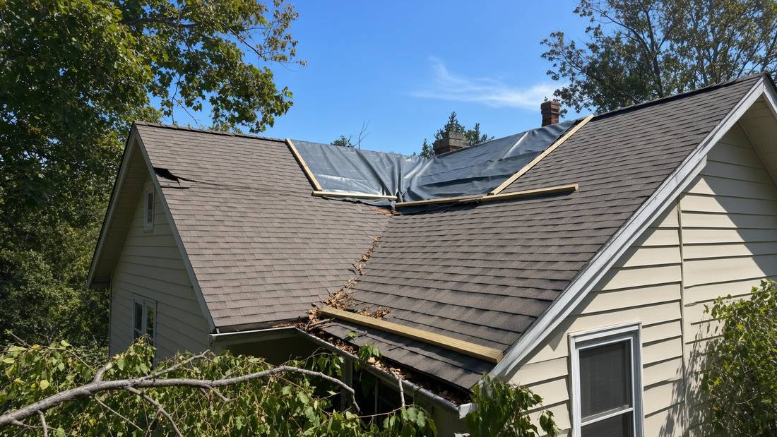 A tarp on a damaged roof held down by lengths of timber batten screwed along its edges, the grommets unused, with storm-damaged shingles on the slope below