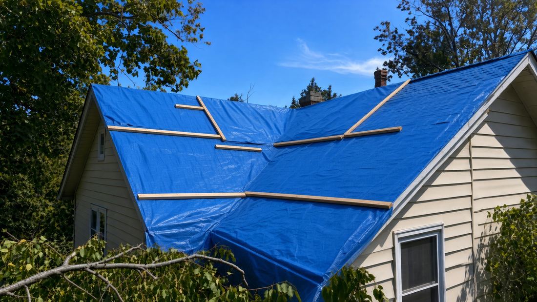 A whole house roof covered edge to edge with blue sheeting, battened down in a grid of timber strips, on a clear day after a storm