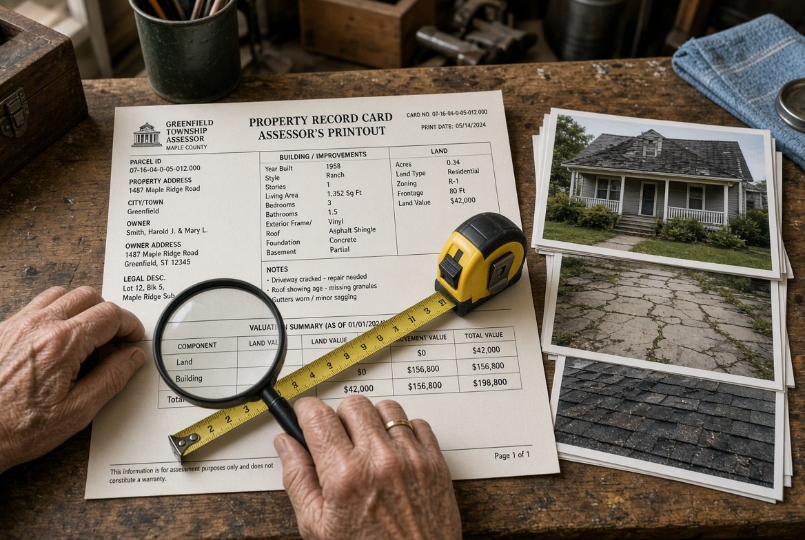 An assessor's property record card laid on a workbench with a tape measure and magnifying glass across it, beside photographs of a house showing a cracked driveway and a worn roof