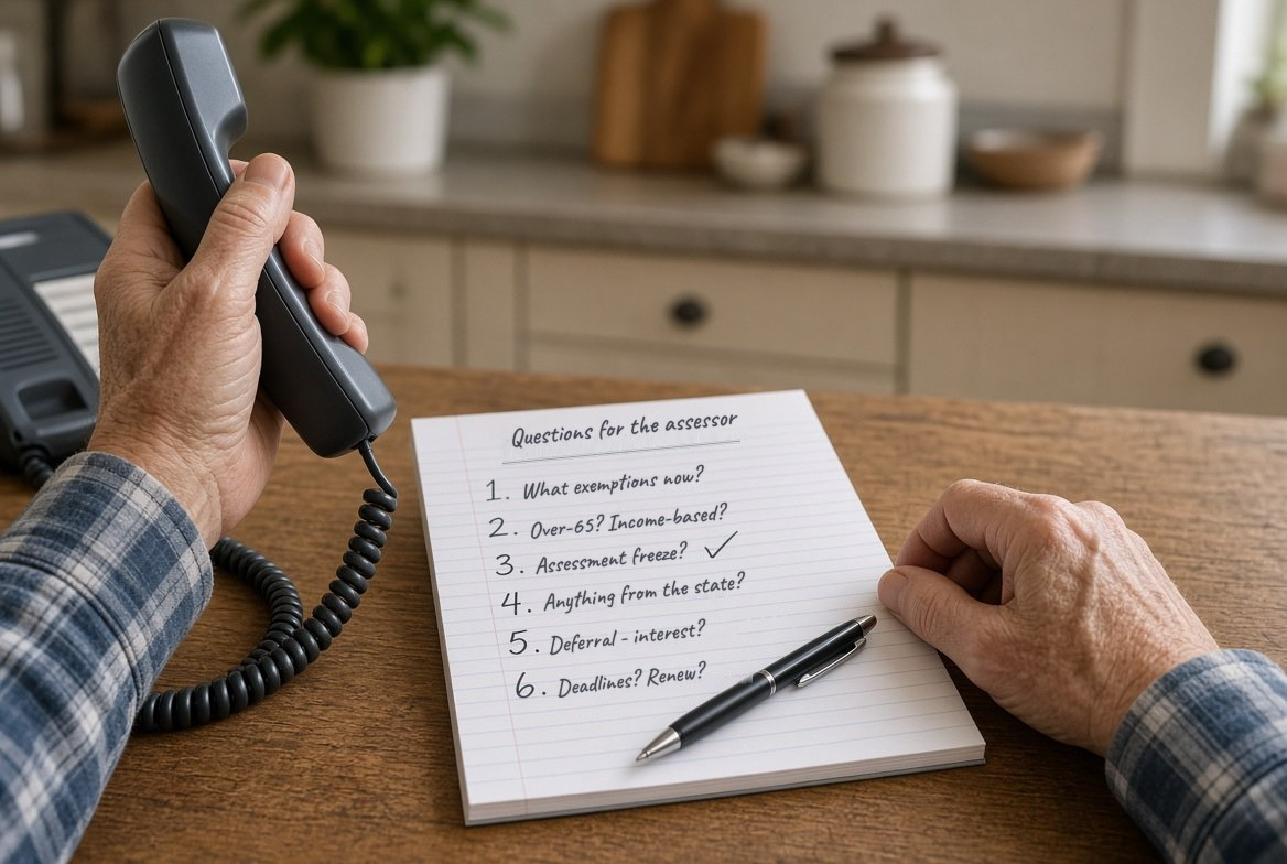 An older man at a kitchen table holding the handset of a corded telephone, a lined notepad in front of him headed &ldquo;Questions for the assessor&rdquo; with six written out &mdash; what exemptions he has now, over-65 and income-based exemptions, an assessment freeze, anything claimed from the state, deferral interest, and deadlines and renewal &mdash; the third one ticked off