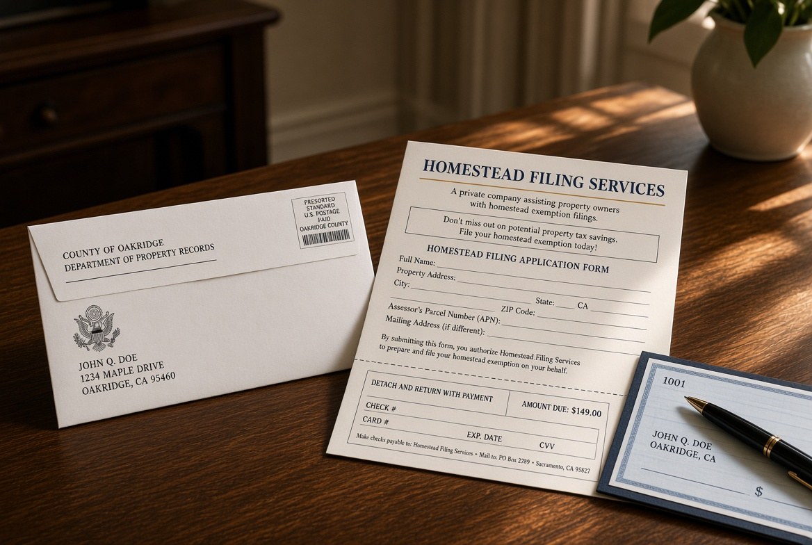 A plain county government envelope on a table beside a glossy solicitation from a private company offering to file a homestead exemption for a fee, with a detachable payment slip and a checkbook and pen alongside