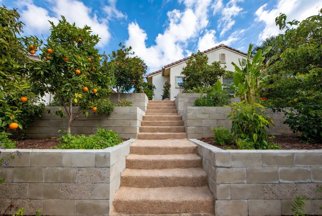 A sloping garden cut into two terraces held by concrete block retaining walls, with a flight of steps running up the middle and fruit trees and shrubs planted on the flat ground of each level