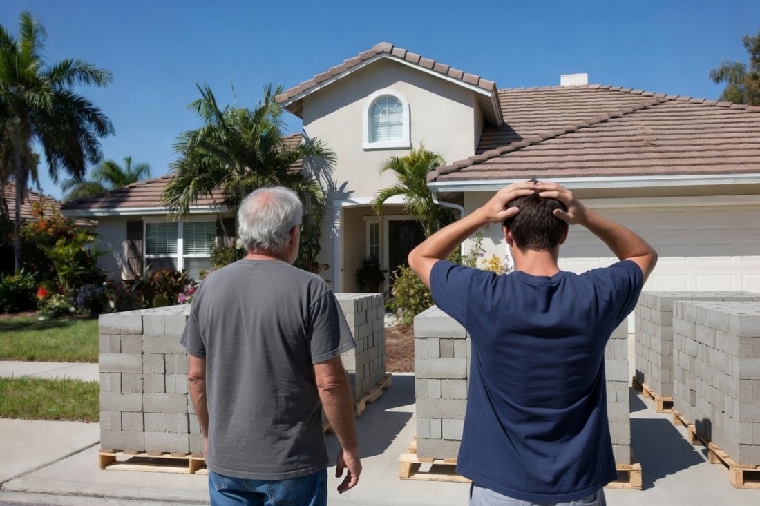 Two men seen from behind standing in a driveway looking at six pallets of concrete blocks that have just been delivered, stacked three across and two deep, the younger of them with both hands on top of his head