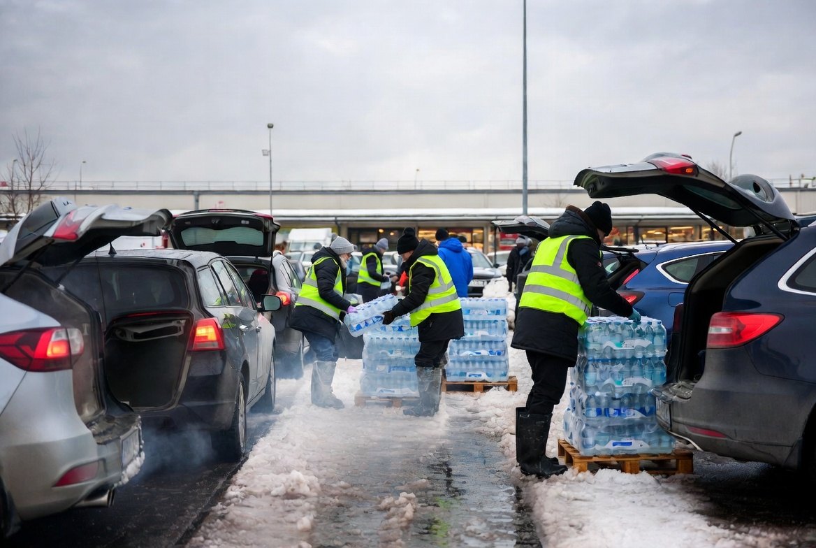 Volunteers in high-visibility vests loading flats of bottled water from pallets into the open boots of a queue of cars in a snowy car park under a grey sky