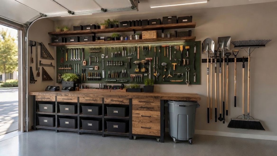 A home garage tool wall built up over years: a pegboard of hand tools above a timber workbench, a collection of framing, speed and try squares hung on the wall beside it, and shovels, rakes and a broom racked along the far wall