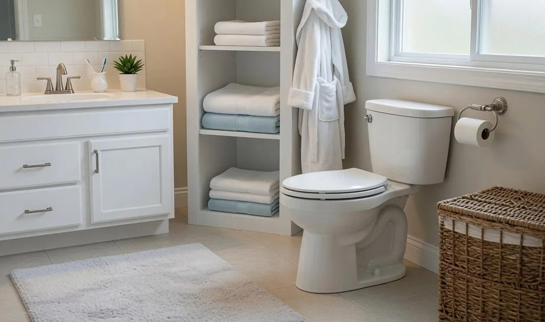 A bright, clean bathroom with an elongated comfort height toilet, white vanity, and neatly folded towels