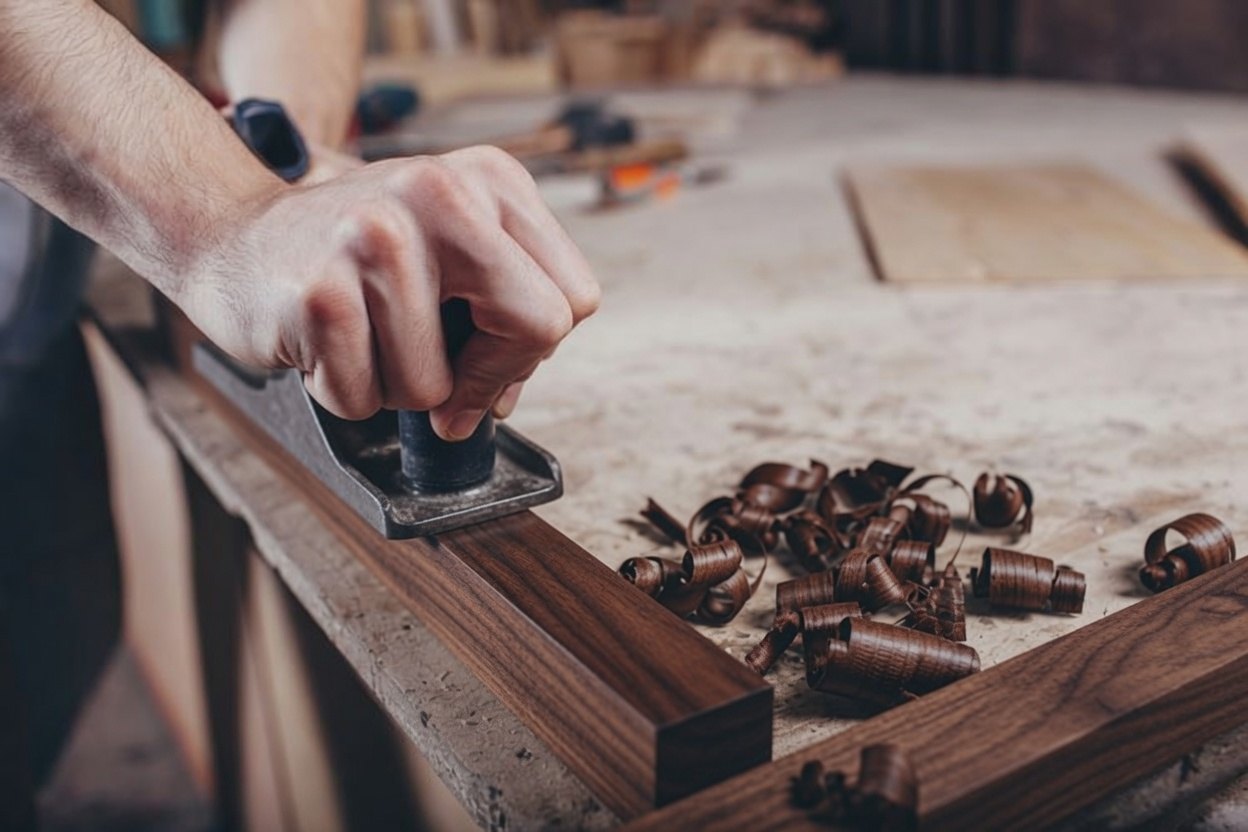 A hand guiding a metal hand plane along a length of dark walnut, curled shavings gathered on the bench beside it