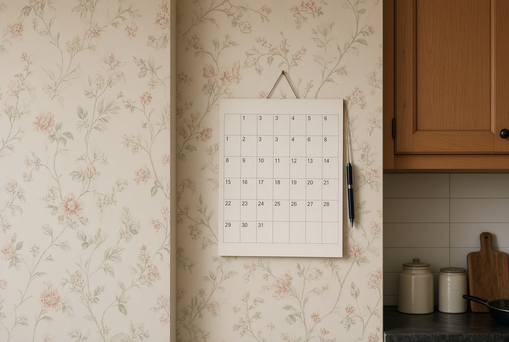 A wall calendar in a kitchen with every square blank and an unused pen hanging beside it
