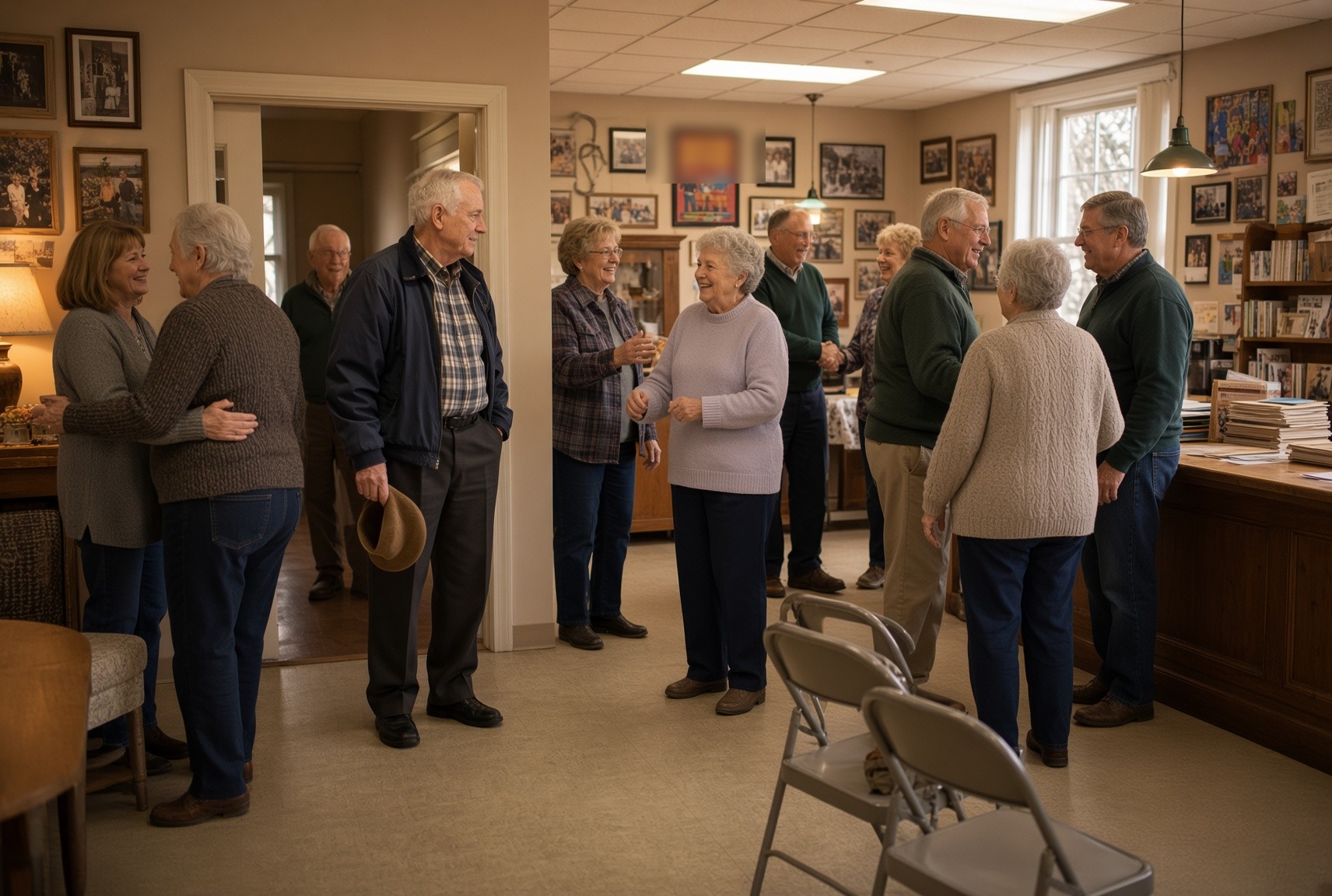 A community hall with older people talking in groups, and one man just inside the doorway holding his hat