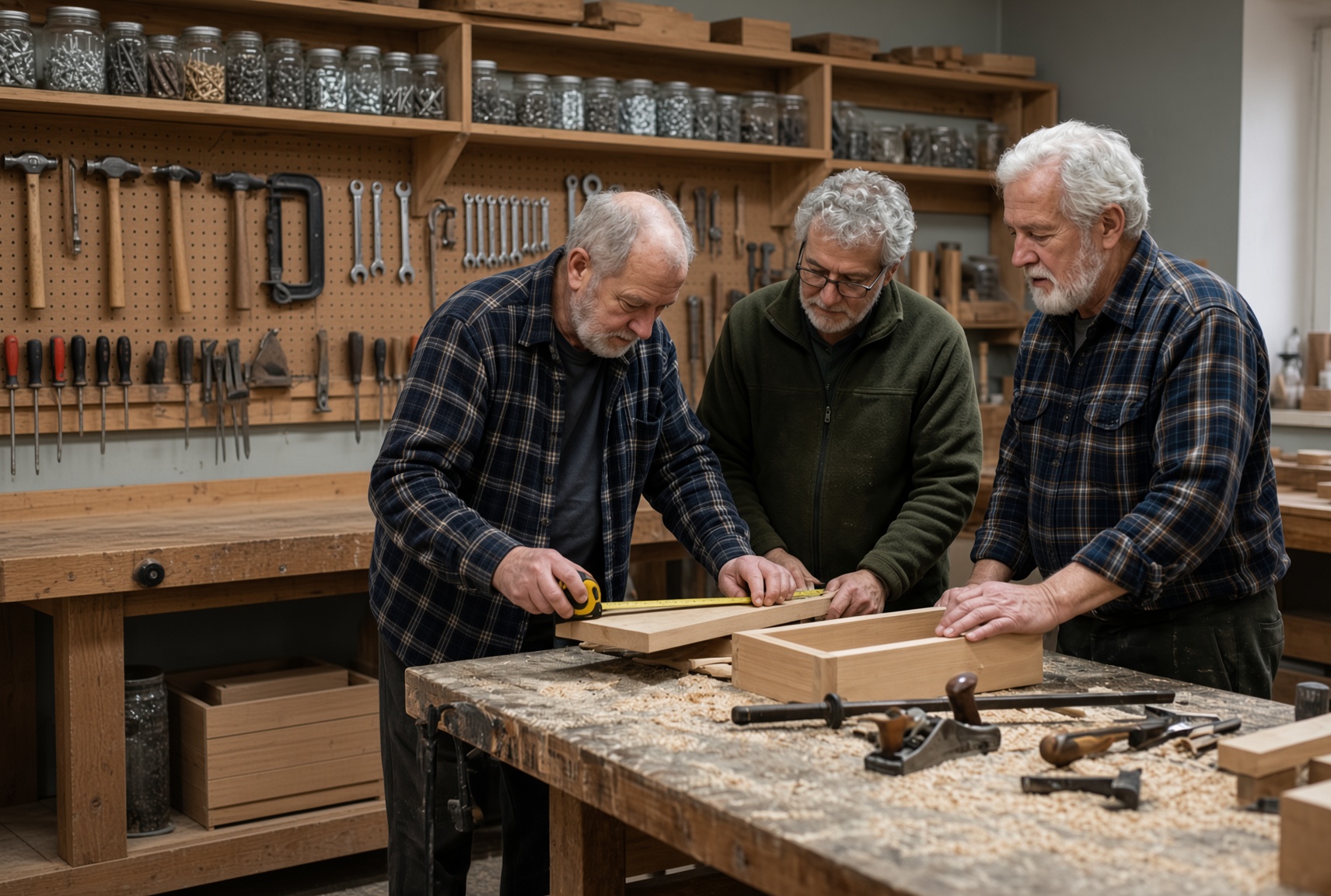 Three older men working together at a workbench in a community woodworking shop