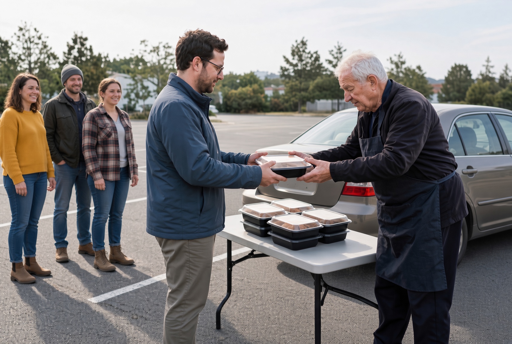 An older man in an apron handing a covered meal tray to another volunteer beside a car in a parking lot