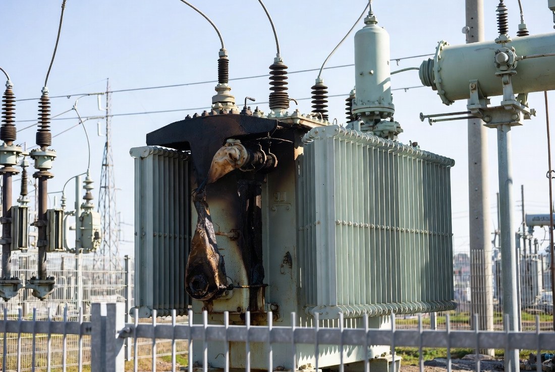 A large substation transformer with heavy scorching and burnt oil staining down one side beneath a failed bushing, seen from behind a fence in daylight