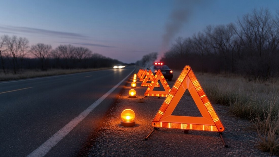 Reflective warning triangles and battery beacons standing in a line along the gravel shoulder at dusk, receding back toward a stopped vehicle