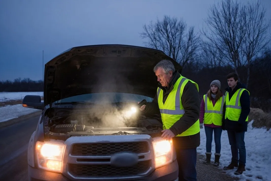 An older man in a high-visibility vest holding a flashlight under the raised hood of a pickup at winter dusk, steam rising from the engine, his family standing well back from the road behind him, all of them also in high-visibility vests