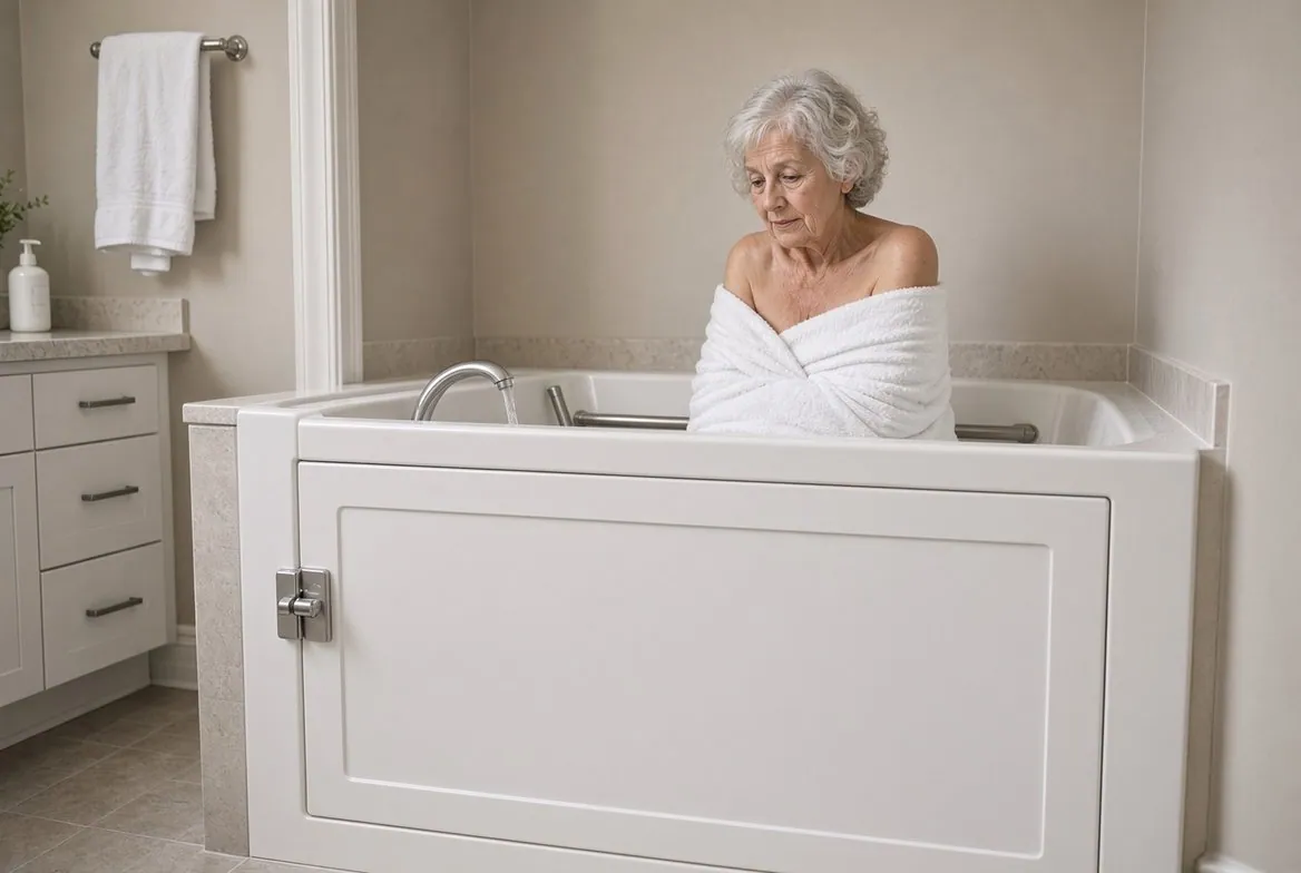 An older woman wrapped in a white towel sitting in a walk-in tub with its door closed, the faucet running and the water not yet reaching her