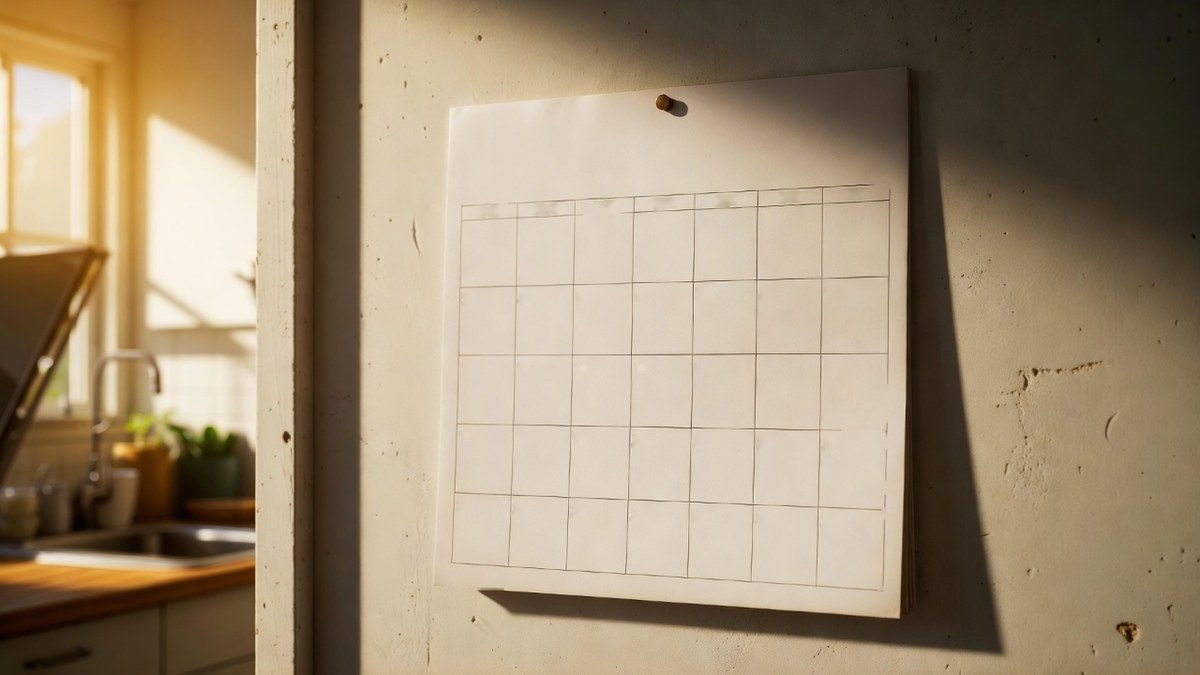 A blank paper wall calendar hanging on a nail in a kitchen, empty grid squares, warm morning light from a window at the left
