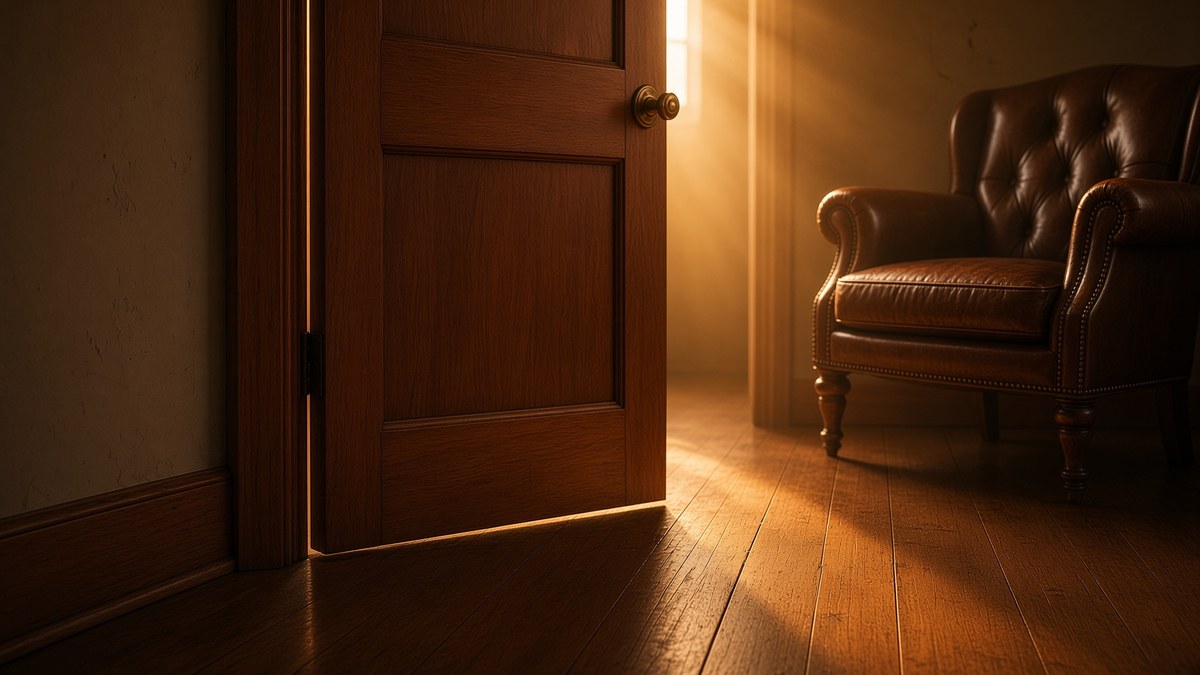 An interior wooden door standing part-way open in a house hallway, warm afternoon light falling through the gap across bare floorboards, an armchair visible in the room beyond