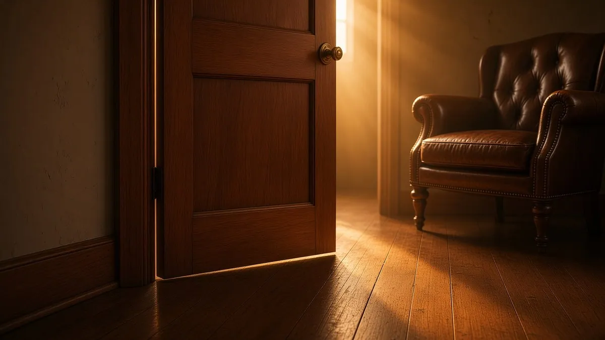 An interior wooden door standing part-way open in a house hallway, warm afternoon light falling through the gap across bare floorboards, an armchair visible in the room beyond