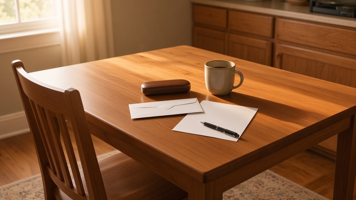 A kitchen table in morning light with an opened white envelope, a blank sheet of paper, a ballpoint pen, a reading-glasses case and a mug of coffee