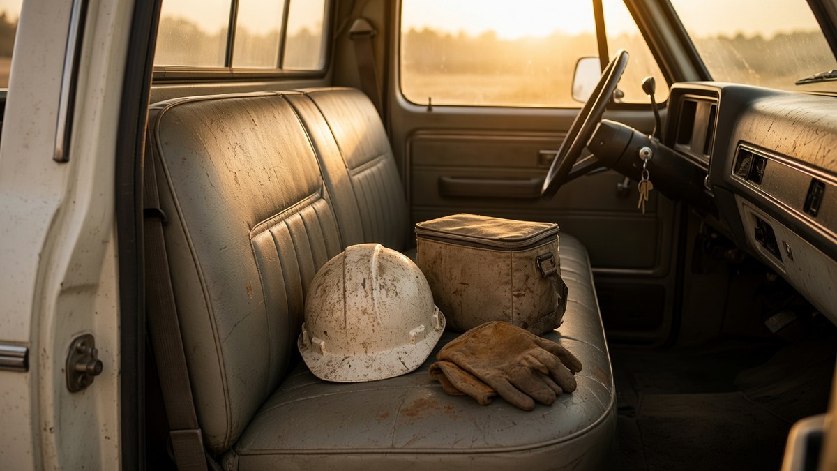The bench seat of an older pickup truck seen through the open door at dawn, with a scuffed white hard hat, a worn insulated cooler and a pair of leather work gloves on the seat, keys in the ignition