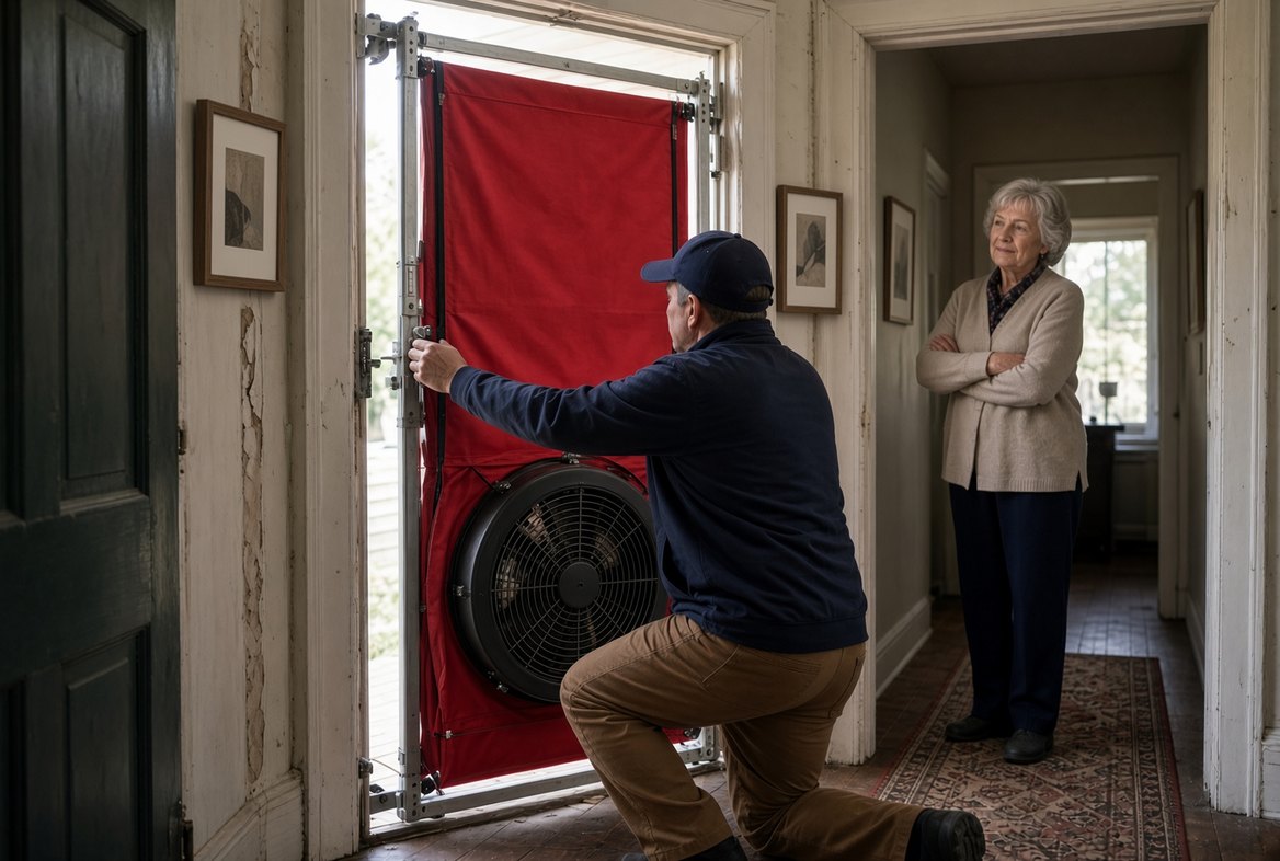 A technician kneeling to fit a blower door with a red fabric panel and a large fan into the open front doorway of an older house, while an older woman stands further down the hallway watching