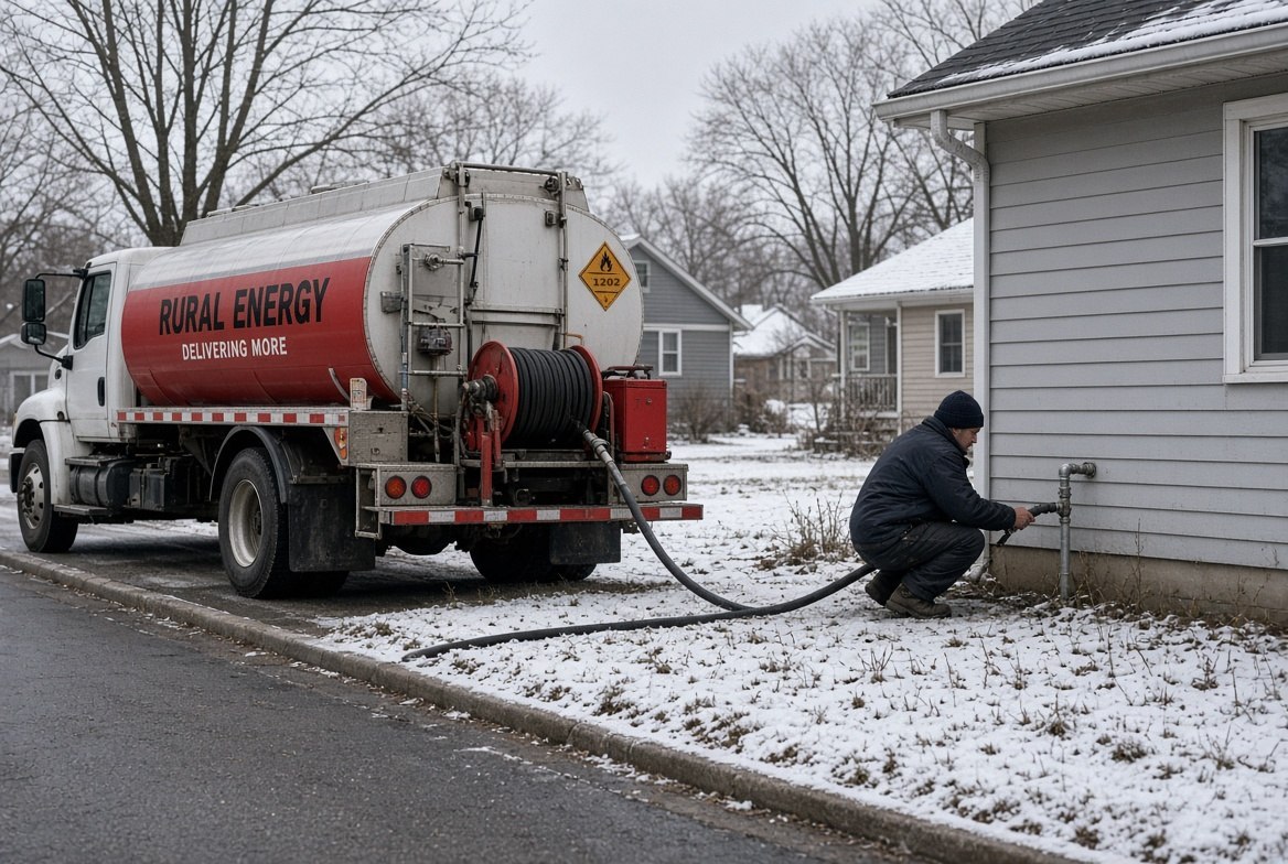 A fuel delivery truck at the curb outside a modest house in winter, its hose run across the snow-covered yard to the fill pipe at the side of the house, the driver crouched at the fill point