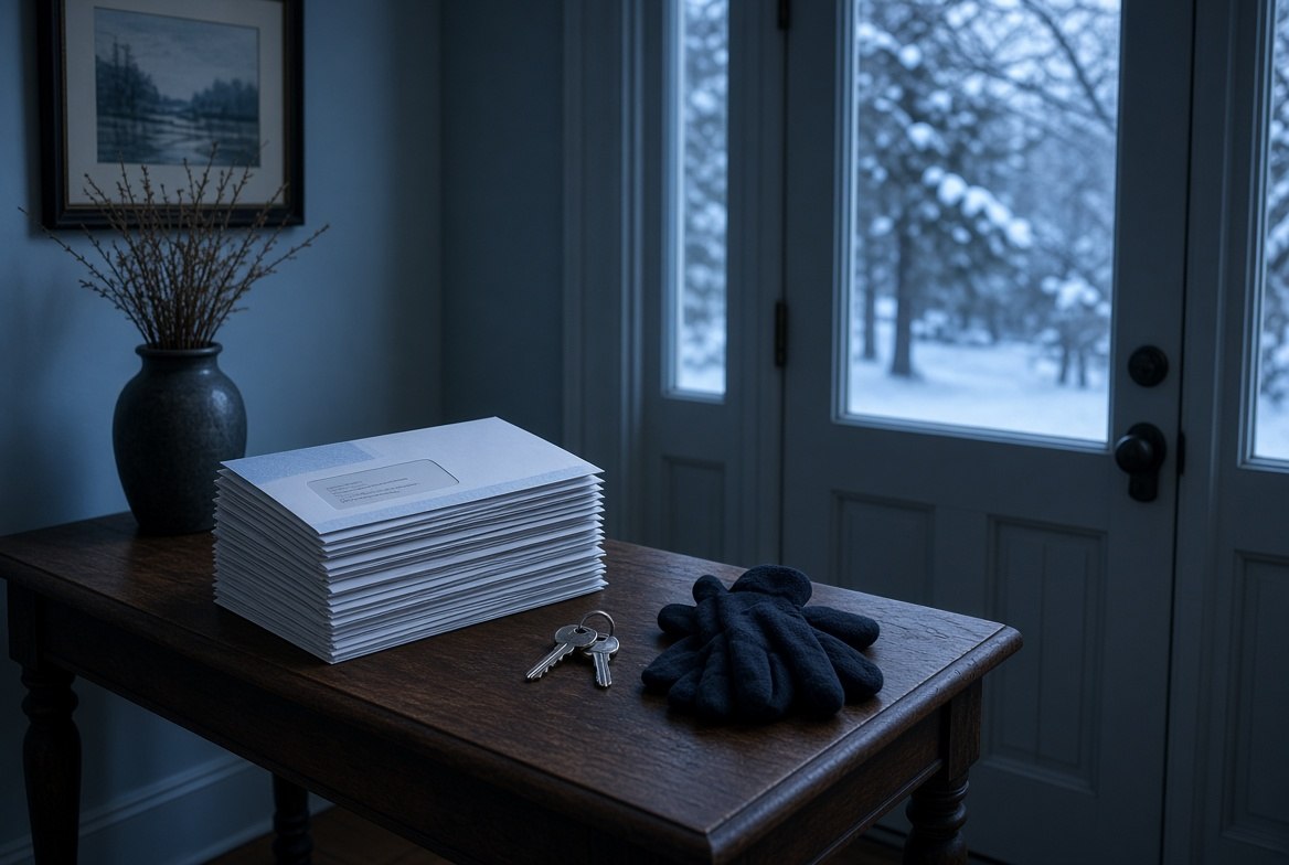 A stack of about twenty unopened window envelopes squared up on a hall table beside house keys and a pair of gloves, cold winter light coming through the glass of the front door