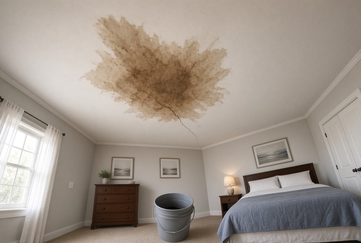 A spreading brown water stain and a hairline crack across the ceiling of a tidy, well-kept bedroom, with a plastic bucket set on the carpet beneath it