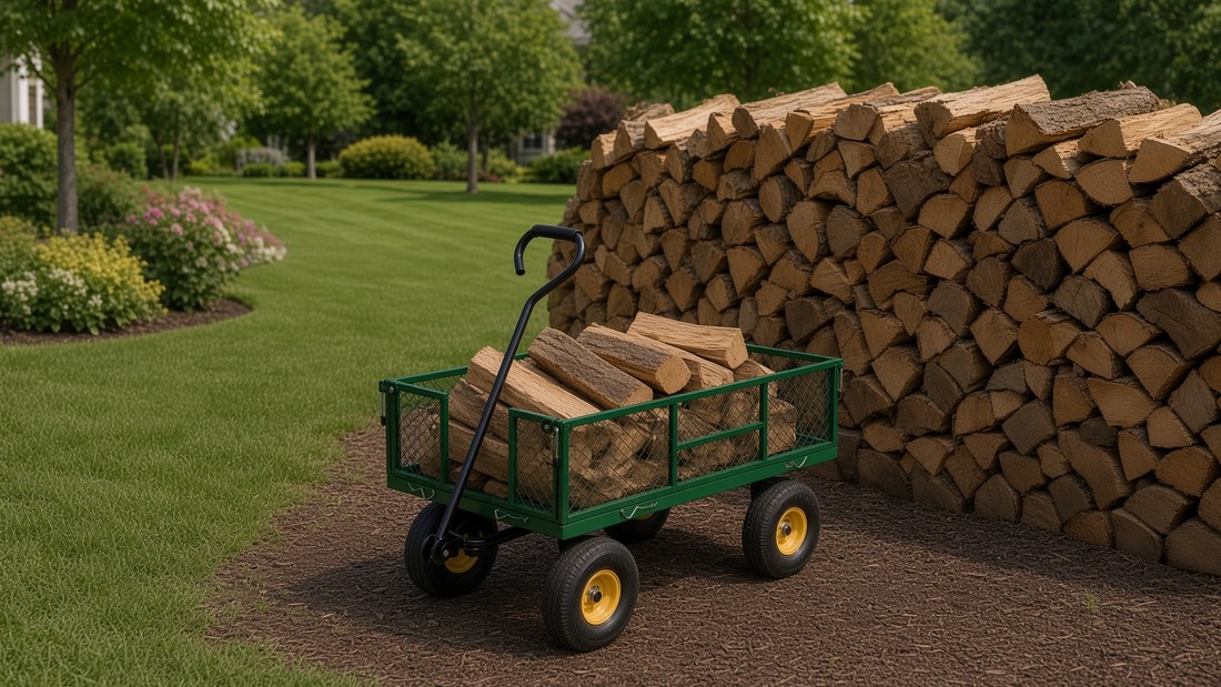 A green garden wagon loaded with split firewood beside a large stacked woodpile