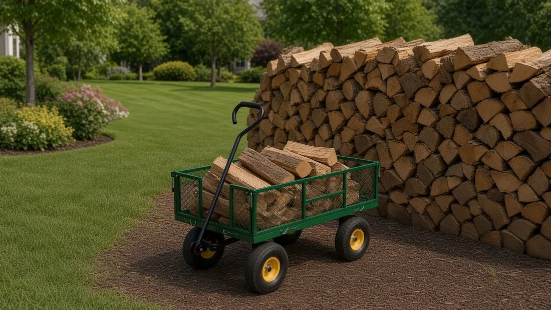 A green garden wagon loaded with split firewood beside a large stacked woodpile