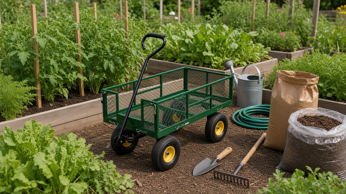 An empty green garden wagon on a path between raised vegetable beds, with a watering can, a coiled hose, bags of compost and mulch, a trowel and a rake alongside