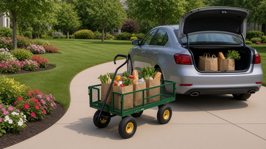 A green garden wagon full of paper grocery bags on a driveway beside a car with its trunk open