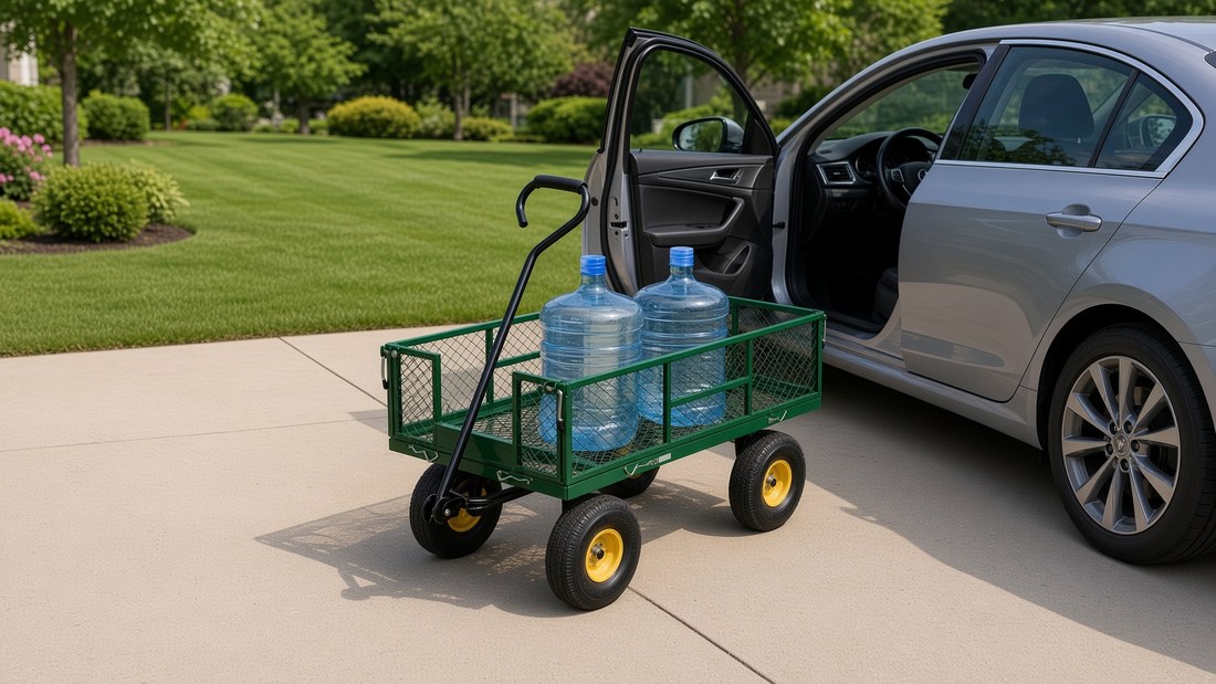 Two five-gallon water jugs standing in a green garden wagon on a driveway beside an open car door