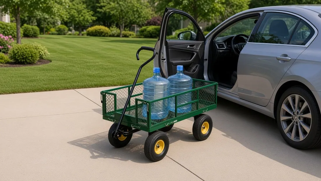 Two five-gallon water jugs standing in a green garden wagon on a driveway beside an open car door